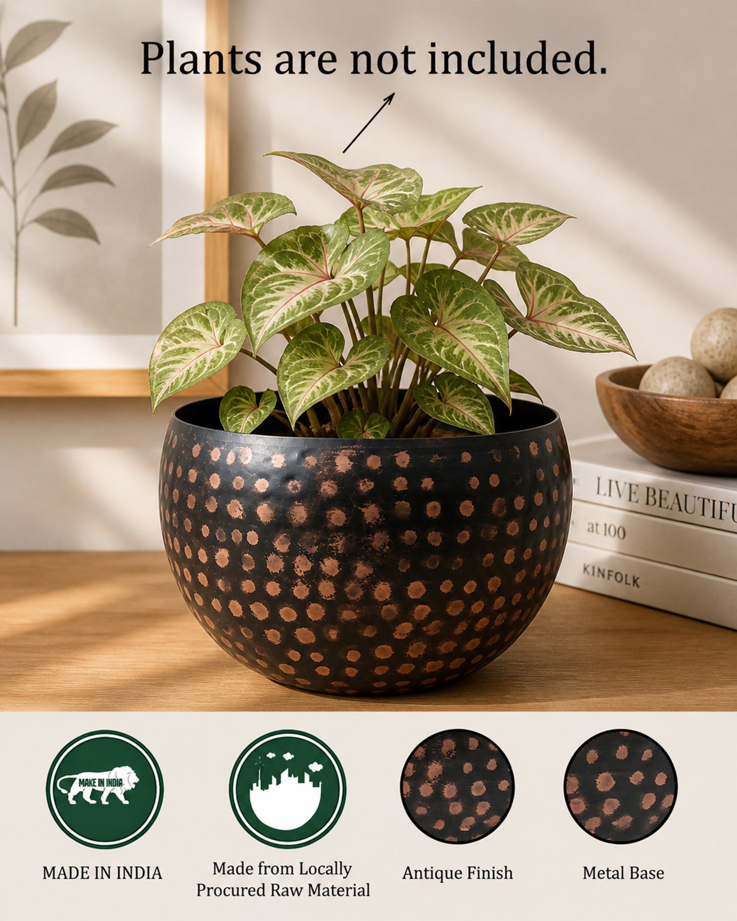 Metal Plant Pot with Hammered Design, Decorative Small Succulent Planter, Bowl