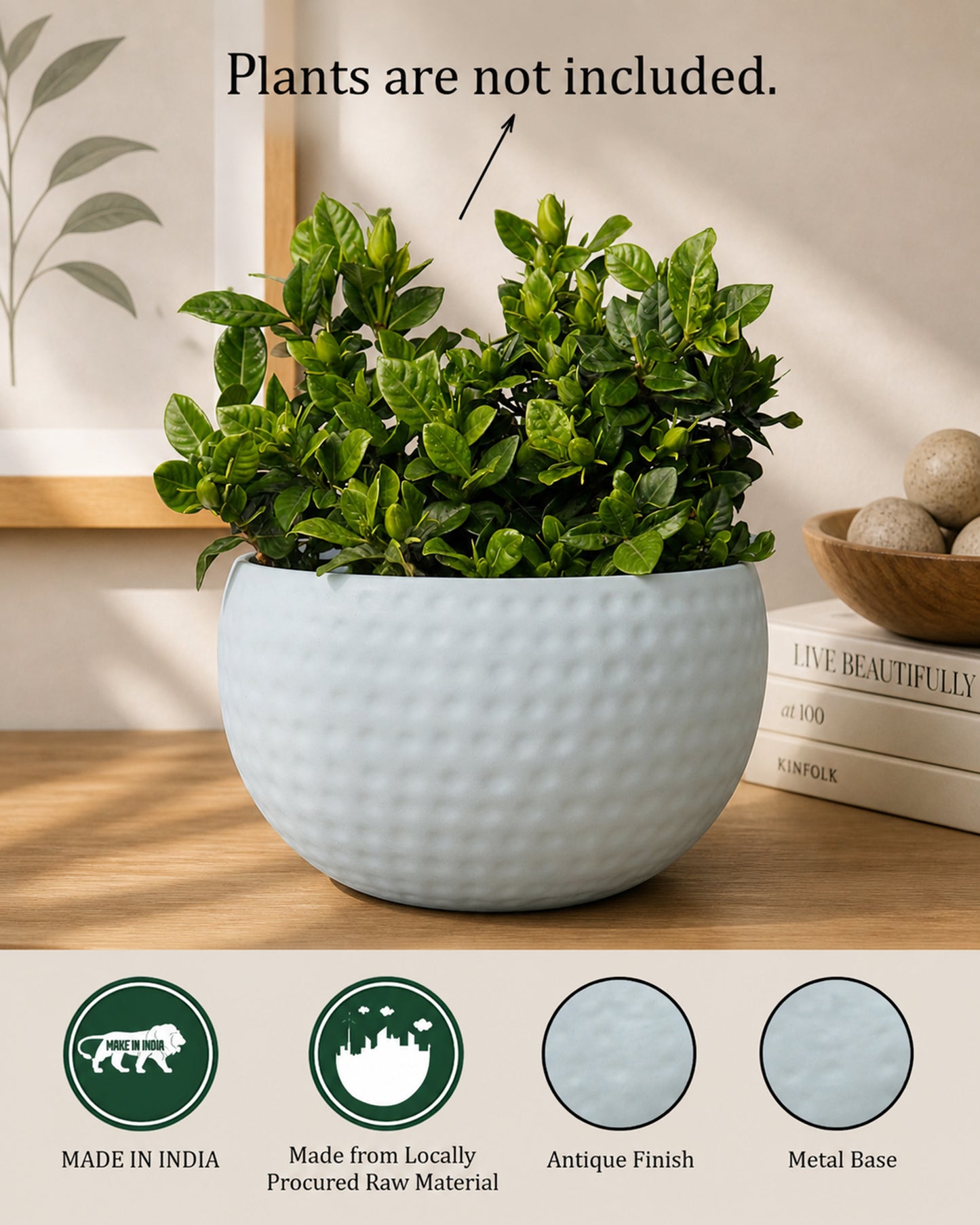 Metal Plant Pot with Hammered Design, Decorative Small Succulent Planter, Bowl