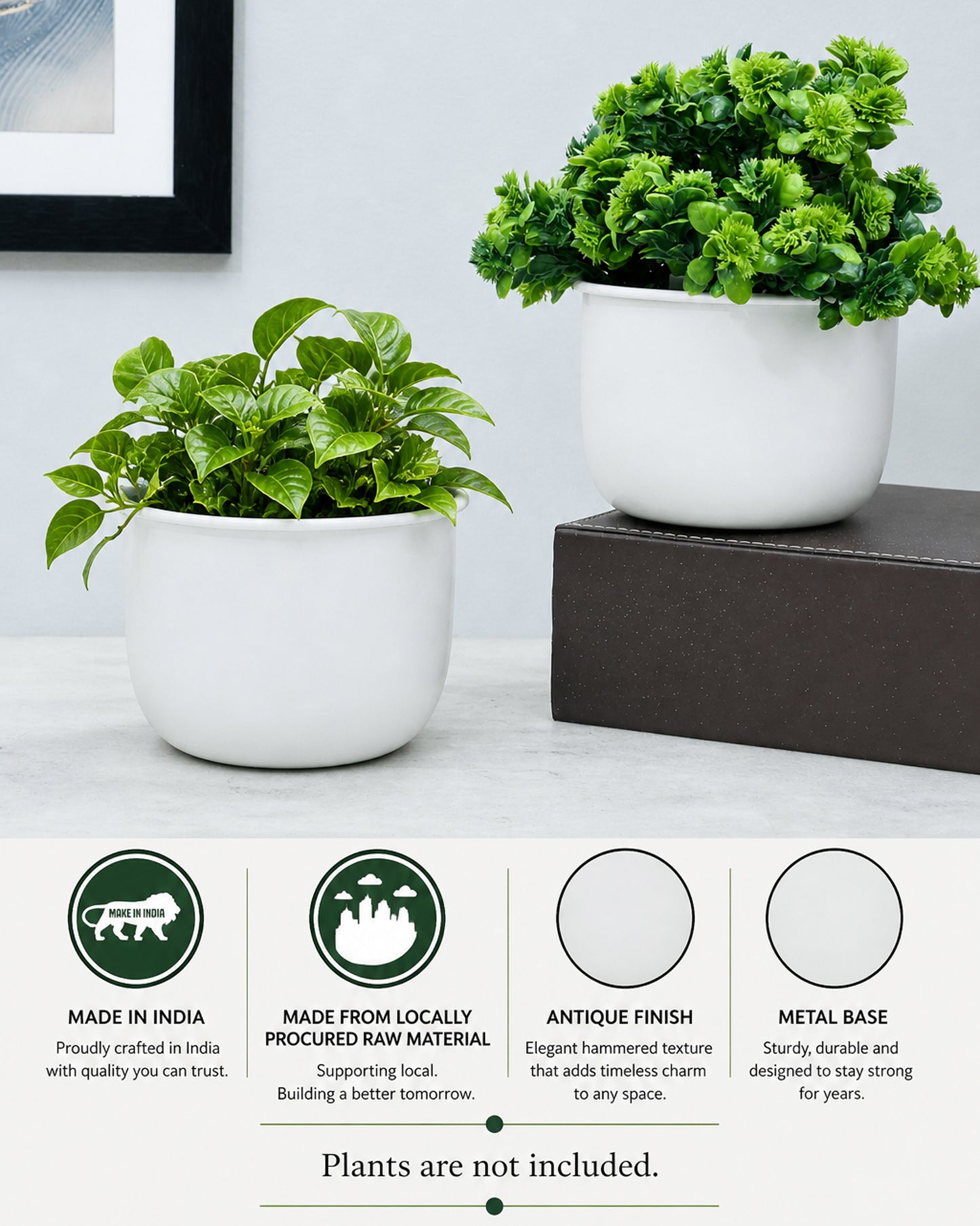 Homesake® Handcrafted Metal Planter Pot – Round Flower Pot, Indoor Outdoor Home & Office Decor, Modern Decorative Pot for Table, Shelf, Balcony, Living Room & Garden (White)