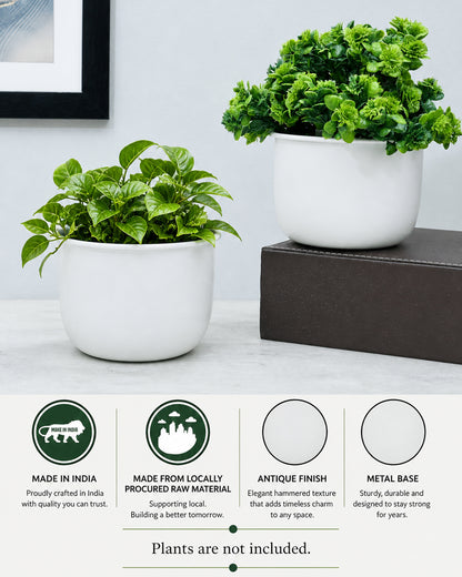 Homesake® Handcrafted Metal Planter Pot – Round Flower Pot, Indoor Outdoor Home & Office Decor, Modern Decorative Pot for Table, Shelf, Balcony, Living Room & Garden (White)