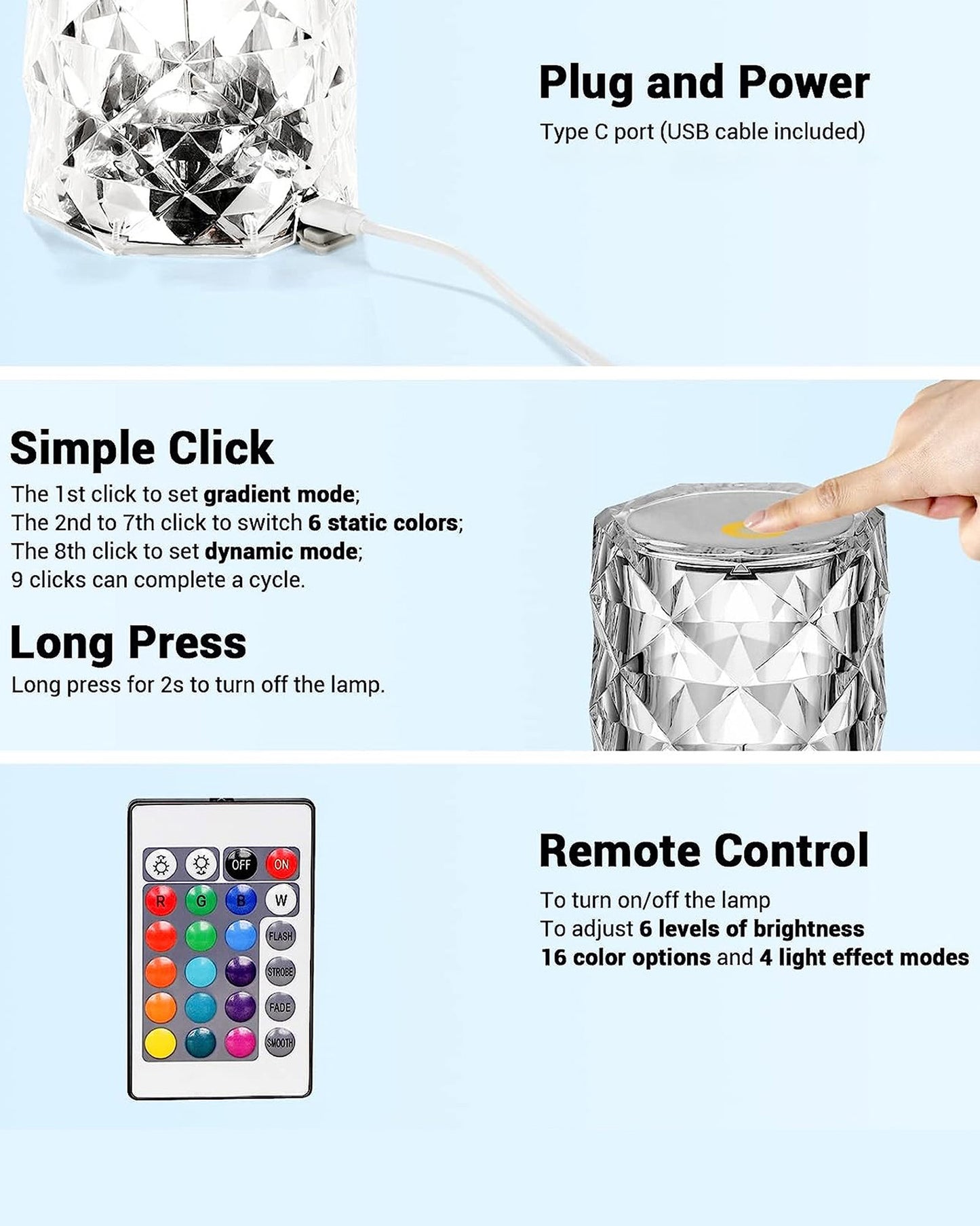 Remote Control Crystal 16 Color Changing Rose Crystal Table Lamp USB Touch Cylinder