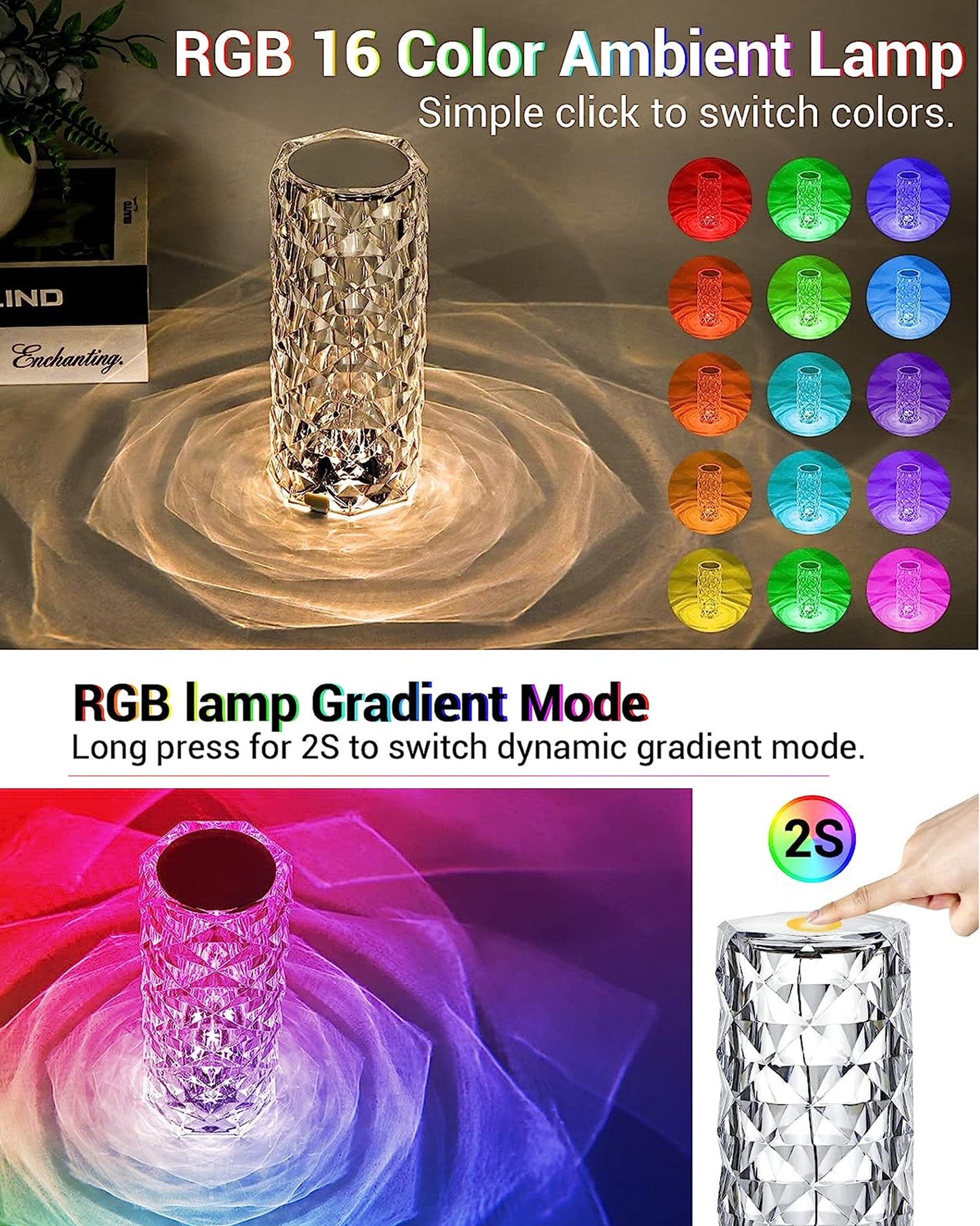 Remote Control Crystal 16 Color Changing Rose Crystal Table Lamp USB Touch Cylinder