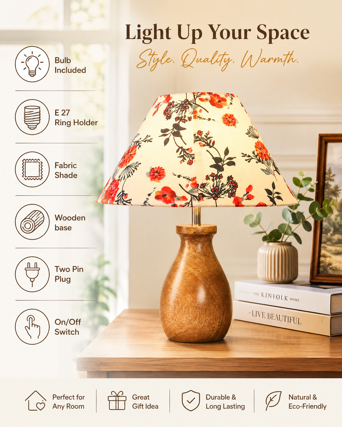 Dovel Pot Modern Table Lamp, Wooden Base Modern Fabric Lampshade for Home Office Cafe Restaurant, Dovel Pot