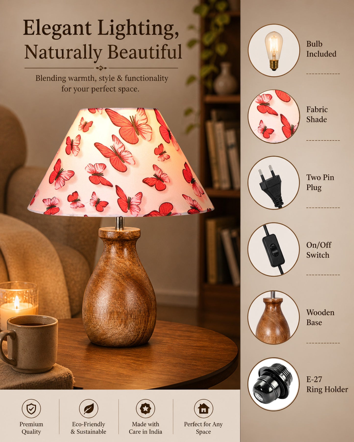 Dovel Pot Modern Table Lamp, Wooden Base Modern Fabric Lampshade for Home Office Cafe Restaurant, Dovel Pot