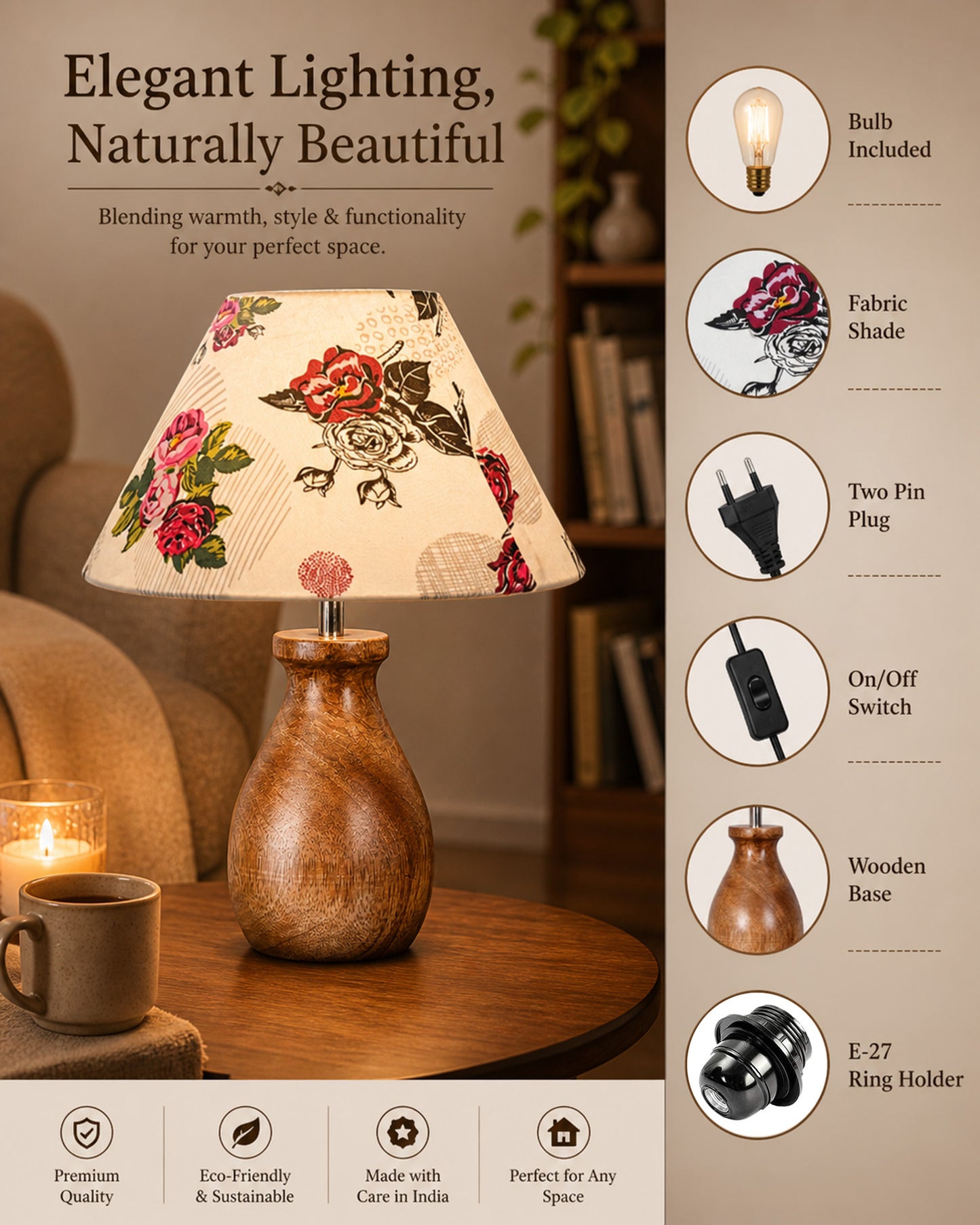 Dovel Pot Modern Table Lamp, Wooden Base Modern Fabric Lampshade for Home Office Cafe Restaurant, Dovel Pot
