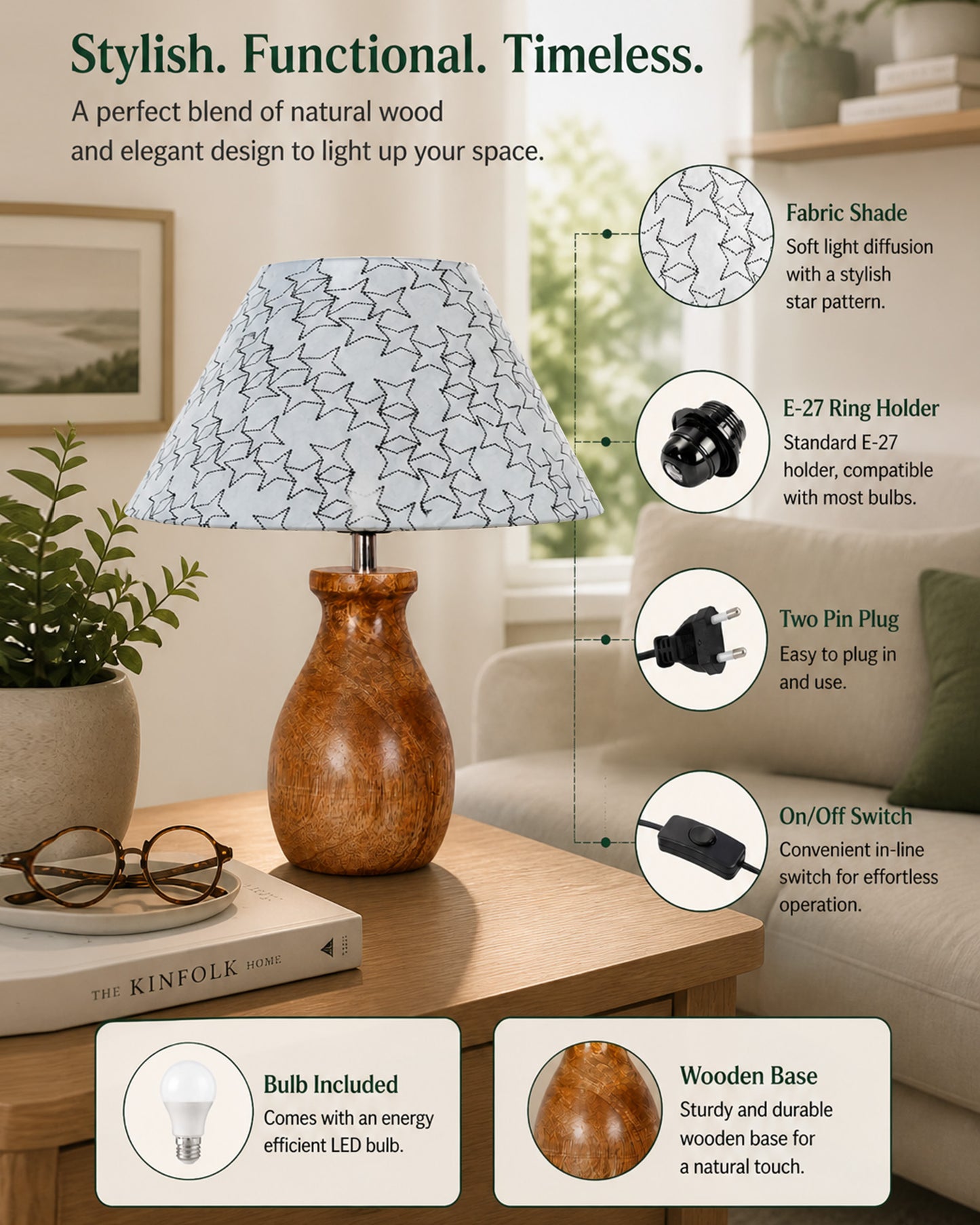 Dovel Pot Modern Table Lamp, Wooden Base Modern Fabric Lampshade for Home Office Cafe Restaurant, Dovel Pot