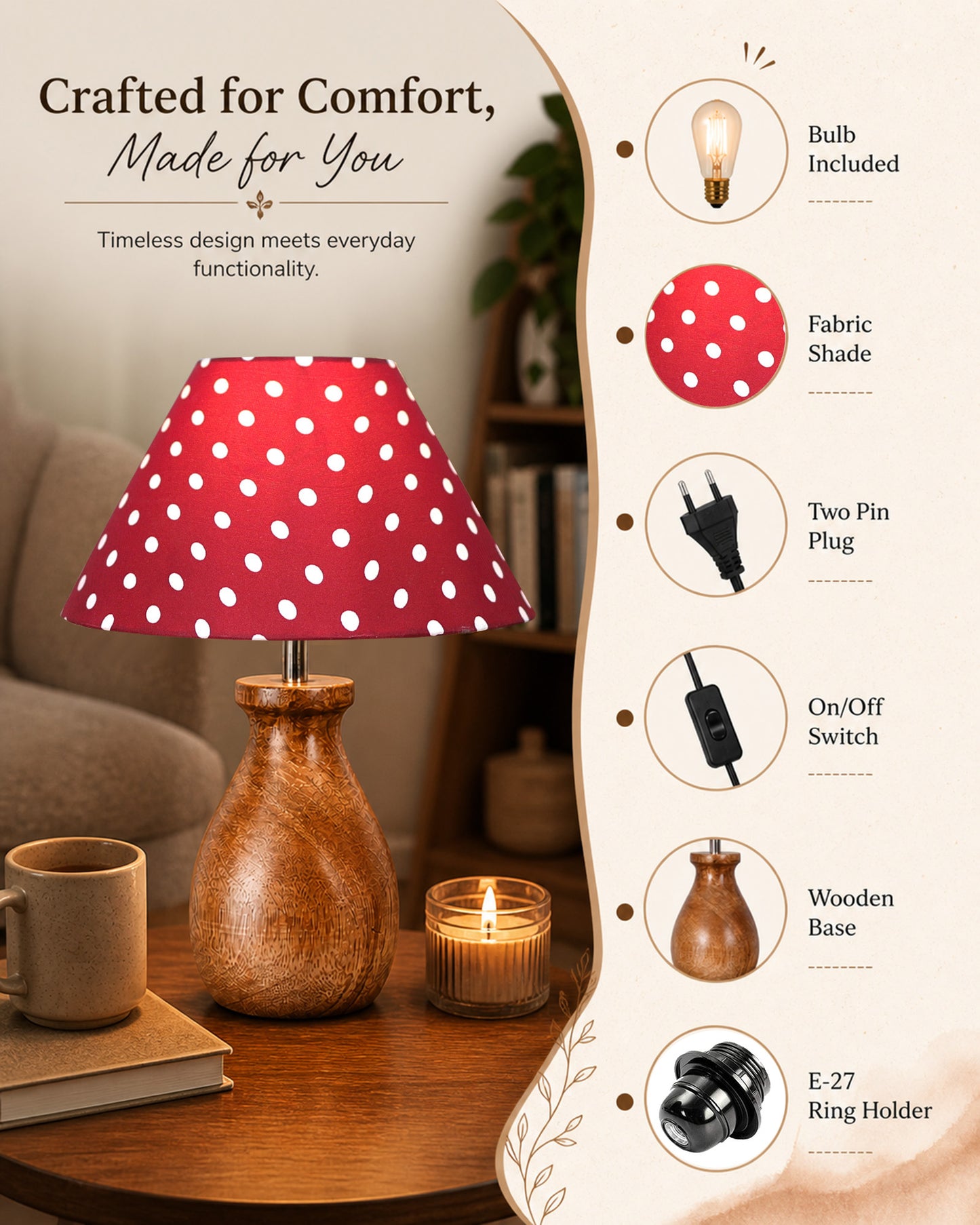 Dovel Pot Modern Table Lamp, Wooden Base Modern Fabric Lampshade for Home Office Cafe Restaurant, Dovel Pot