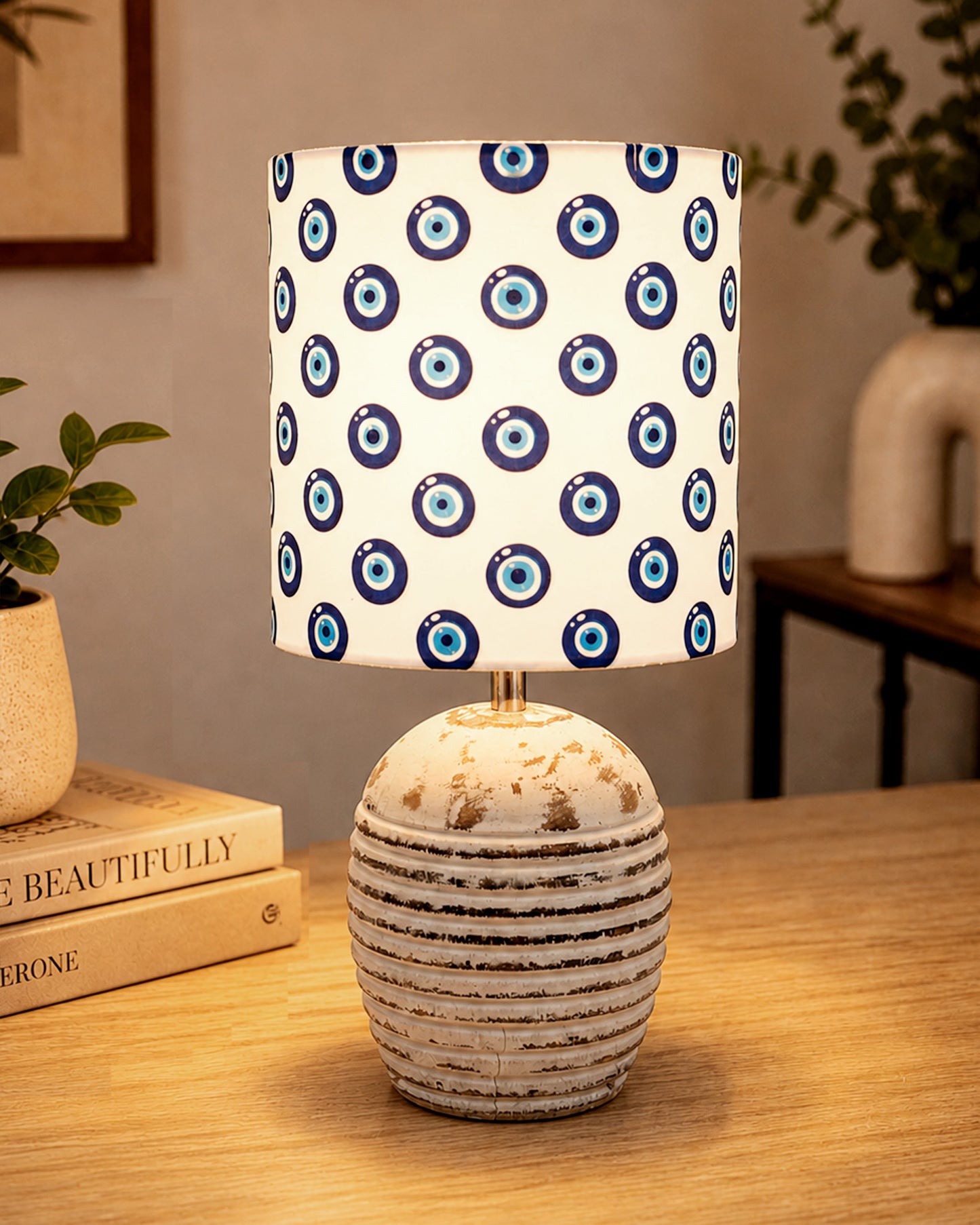Modern Table Lamp, Wooden Base Modern Fabric Lampshade for Home Office Cafe Restaurant, Ribbed Basket