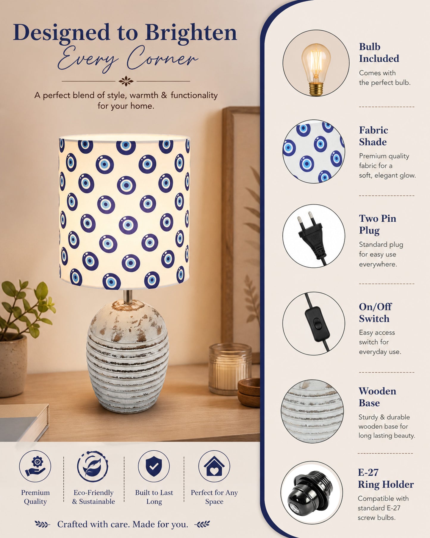 Modern Table Lamp, Wooden Base Modern Fabric Lampshade for Home Office Cafe Restaurant, Ribbed Basket