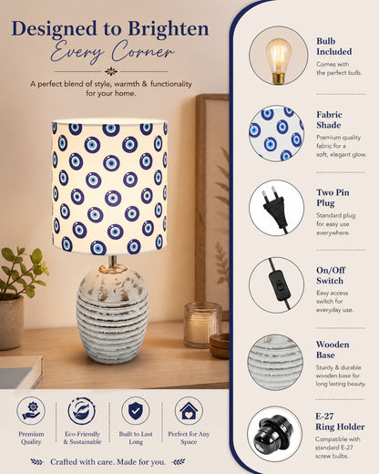 Modern Table Lamp, Wooden Base Modern Fabric Lampshade for Home Office Cafe Restaurant, Ribbed Basket