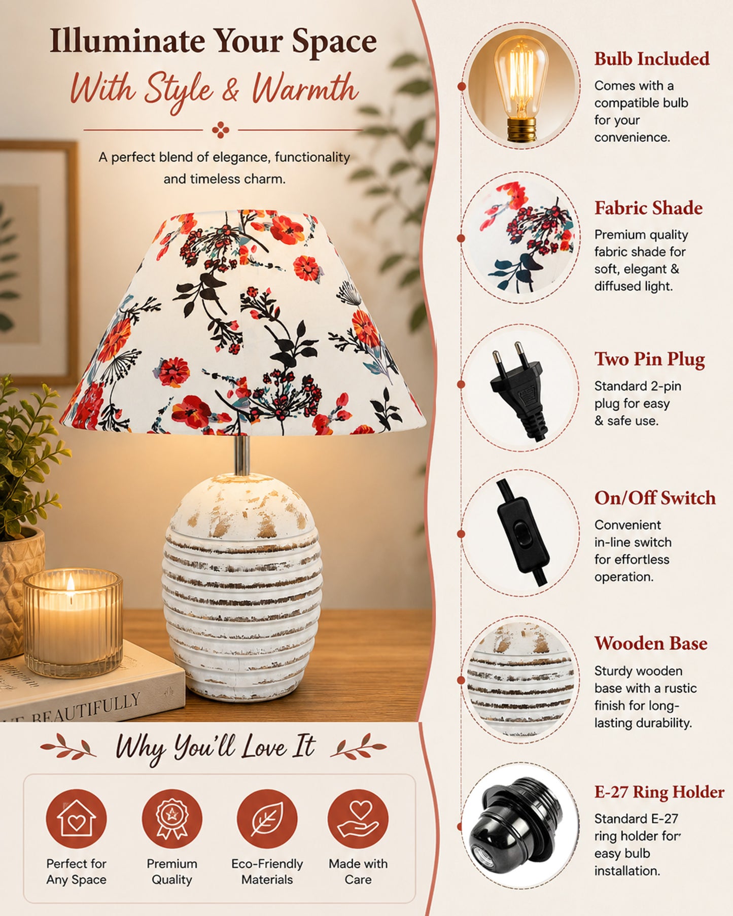 Ribbed Basket Table Lamp, Wooden Base Modern Fabric Lampshade for Home Office Cafe Restaurant