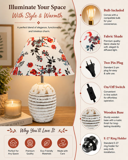 Ribbed Basket Table Lamp, Wooden Base Modern Fabric Lampshade for Home Office Cafe Restaurant
