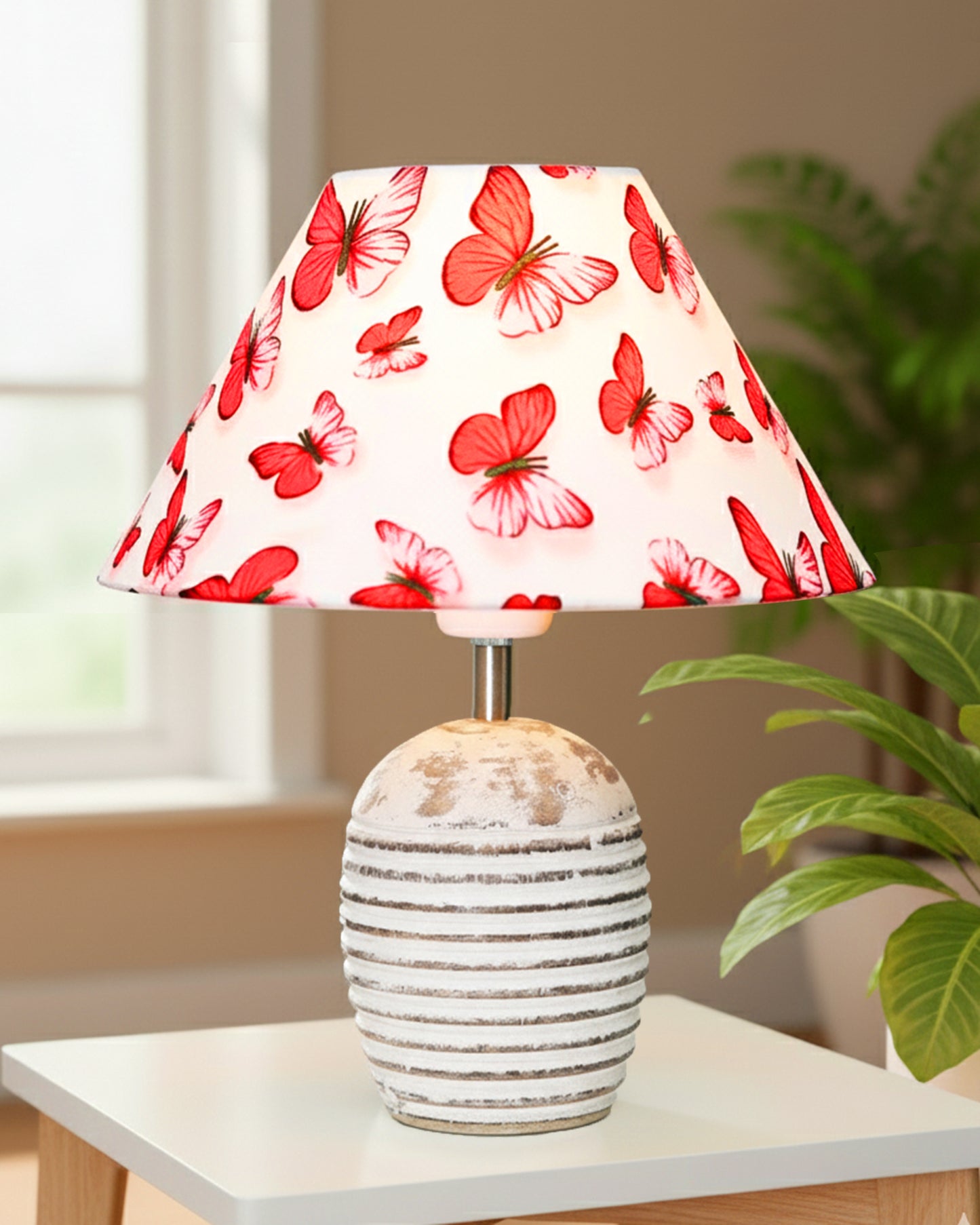 Ribbed Basket Table Lamp, Wooden Base Modern Fabric Lampshade for Home Office Cafe Restaurant