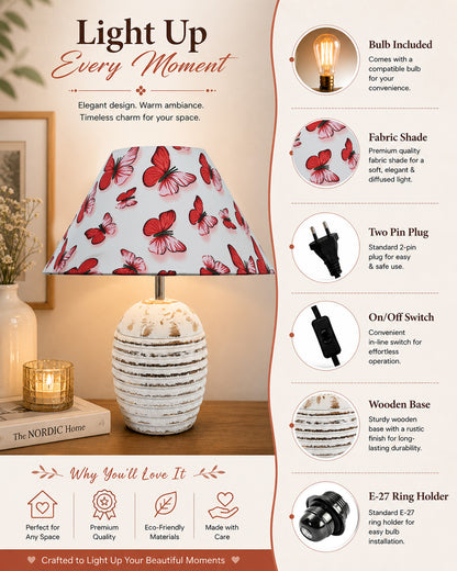Ribbed Basket Table Lamp, Wooden Base Modern Fabric Lampshade for Home Office Cafe Restaurant