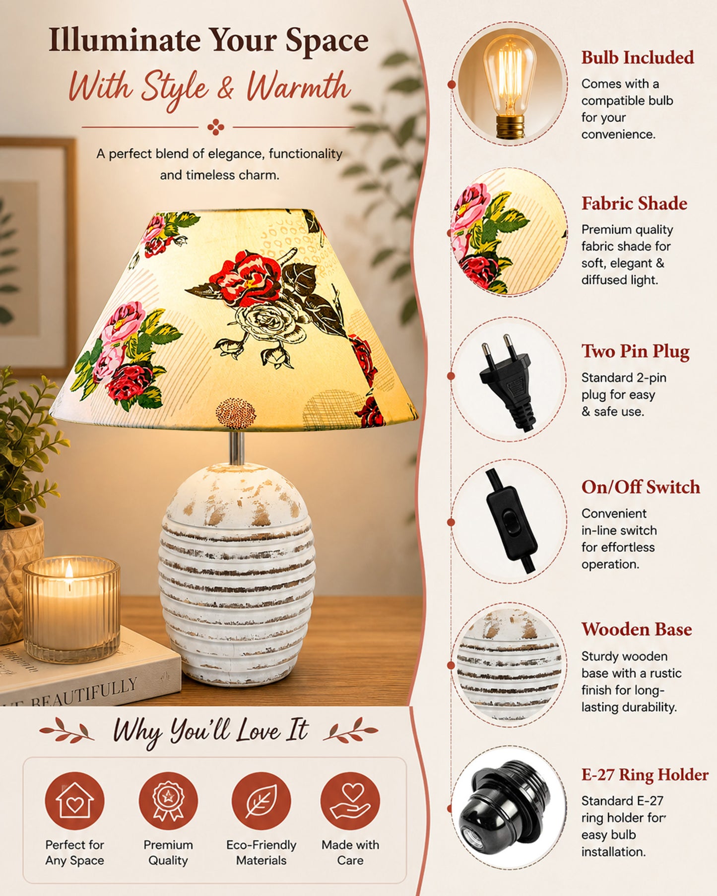 Ribbed Basket Table Lamp, Wooden Base Modern Fabric Lampshade for Home Office Cafe Restaurant