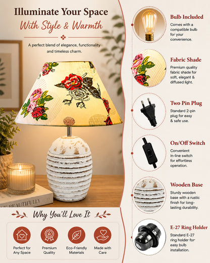 Ribbed Basket Table Lamp, Wooden Base Modern Fabric Lampshade for Home Office Cafe Restaurant