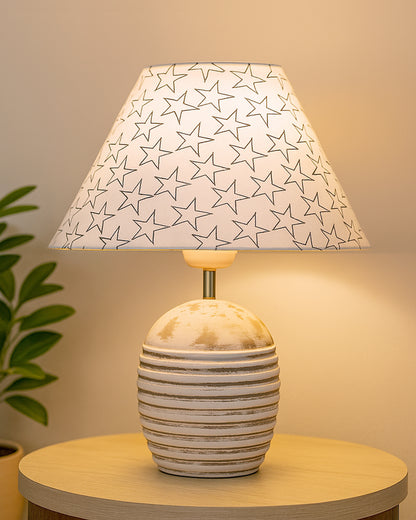 Ribbed Basket Table Lamp, Wooden Base Modern Fabric Lampshade for Home Office Cafe Restaurant