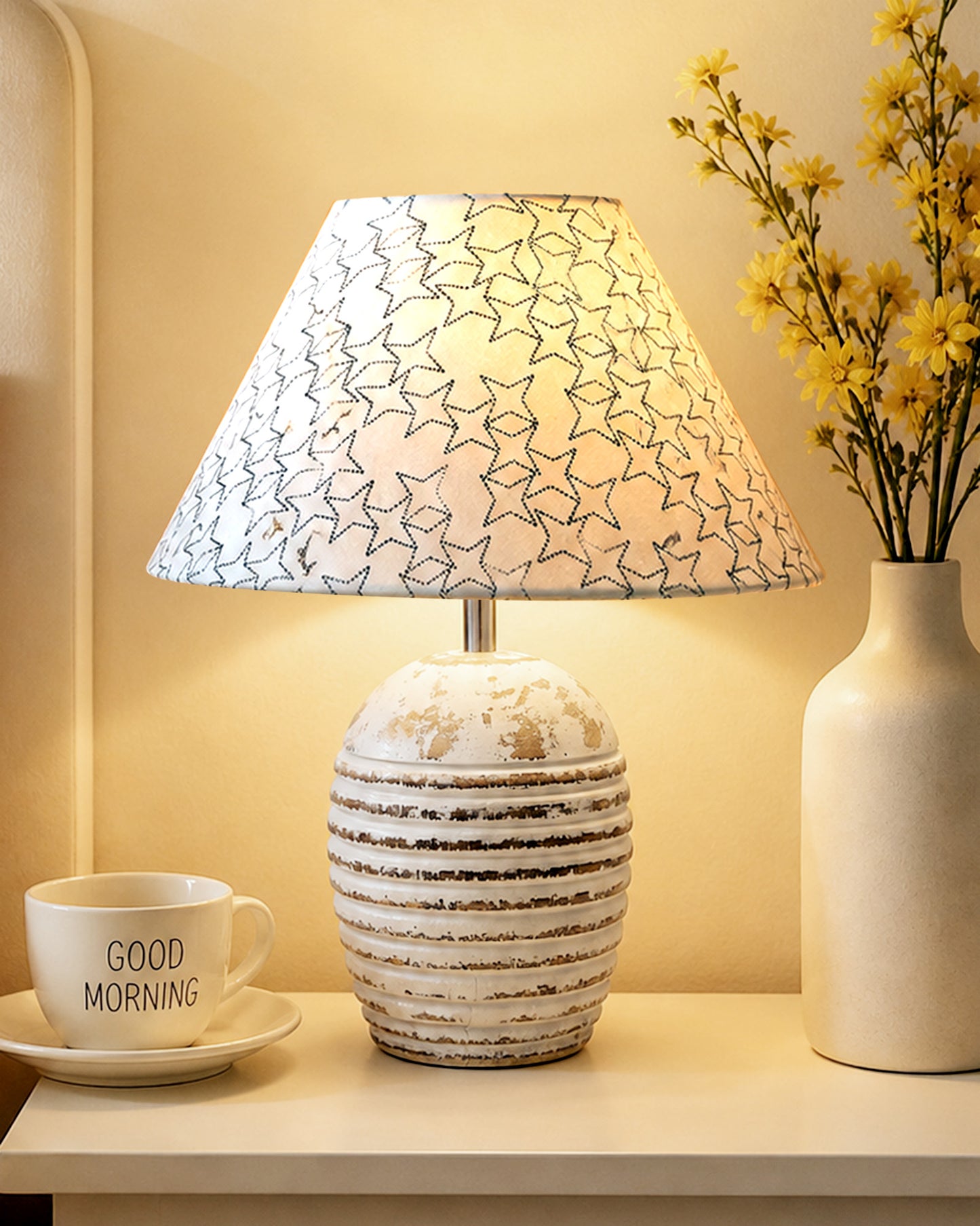 Ribbed Basket Table Lamp, Wooden Base Modern Fabric Lampshade for Home Office Cafe Restaurant