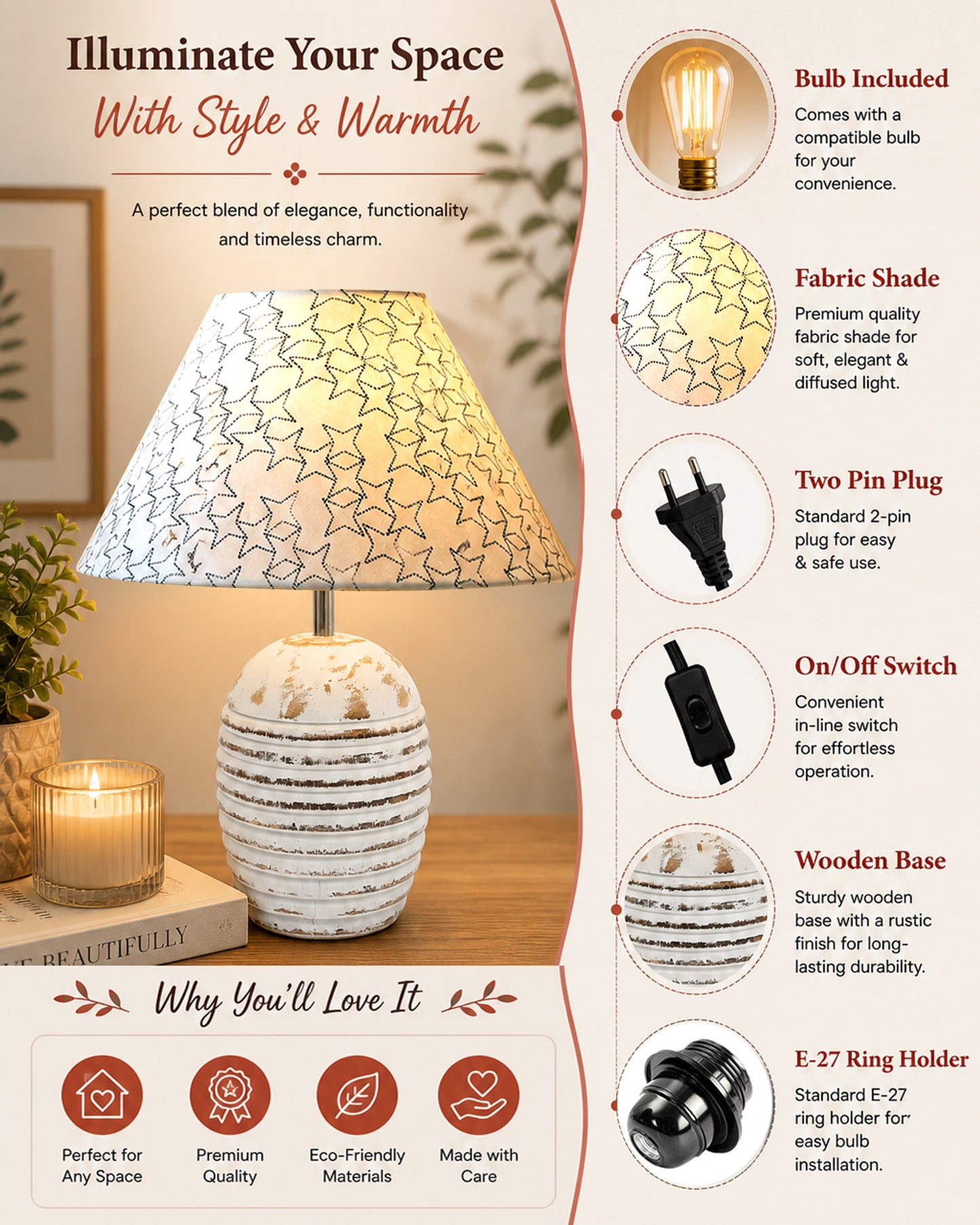 Ribbed Basket Table Lamp, Wooden Base Modern Fabric Lampshade for Home Office Cafe Restaurant