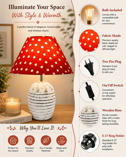 Ribbed Basket Table Lamp, Wooden Base Modern Fabric Lampshade for Home Office Cafe Restaurant