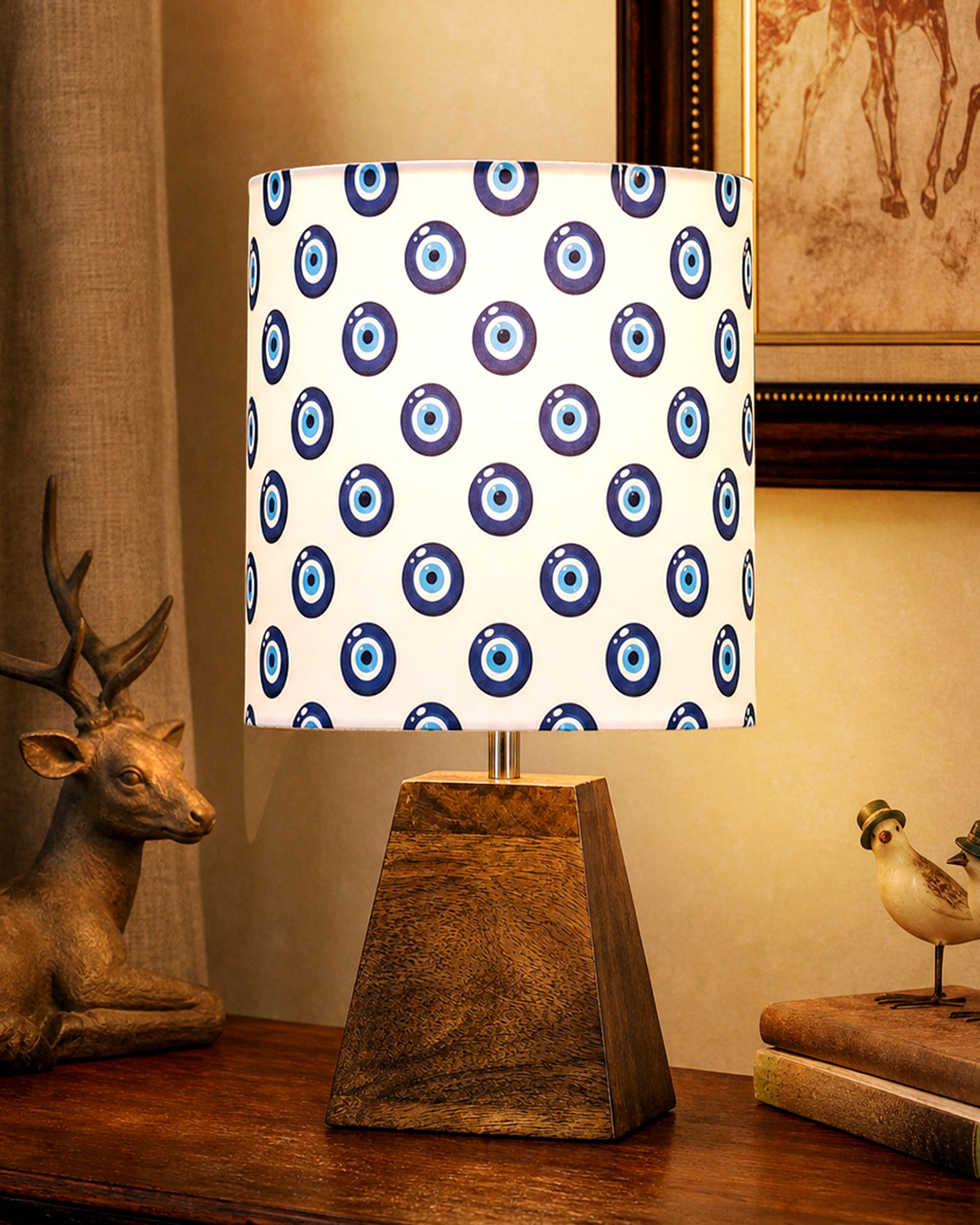 Wood Table Lamp, Modern Base Fabric Lampshade for Home Office Cafe Restaurant, Pyramid