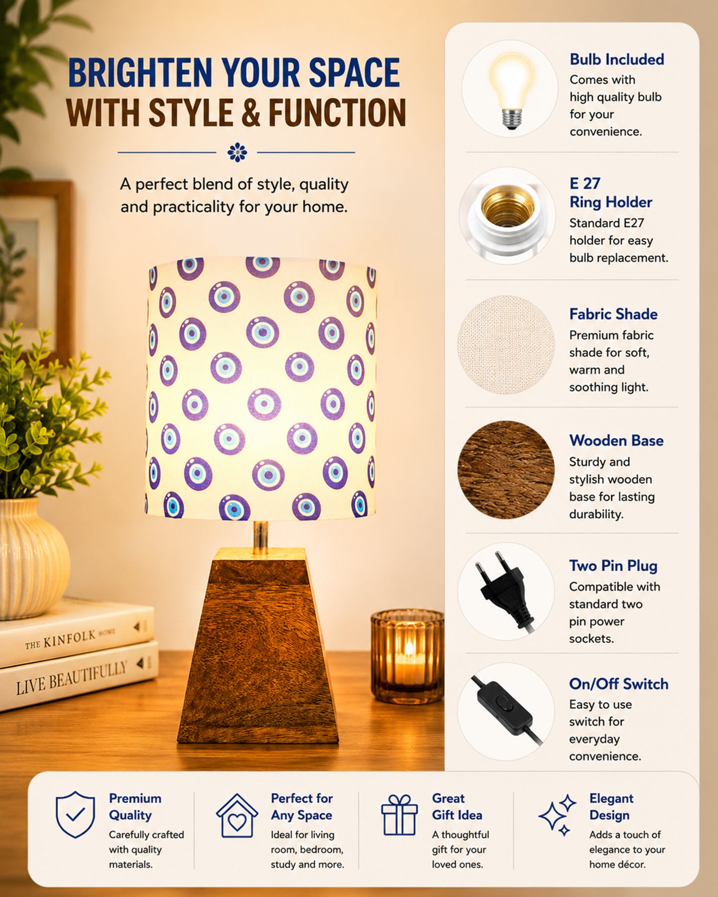 Wood Table Lamp, Modern Base Fabric Lampshade for Home Office Cafe Restaurant, Pyramid
