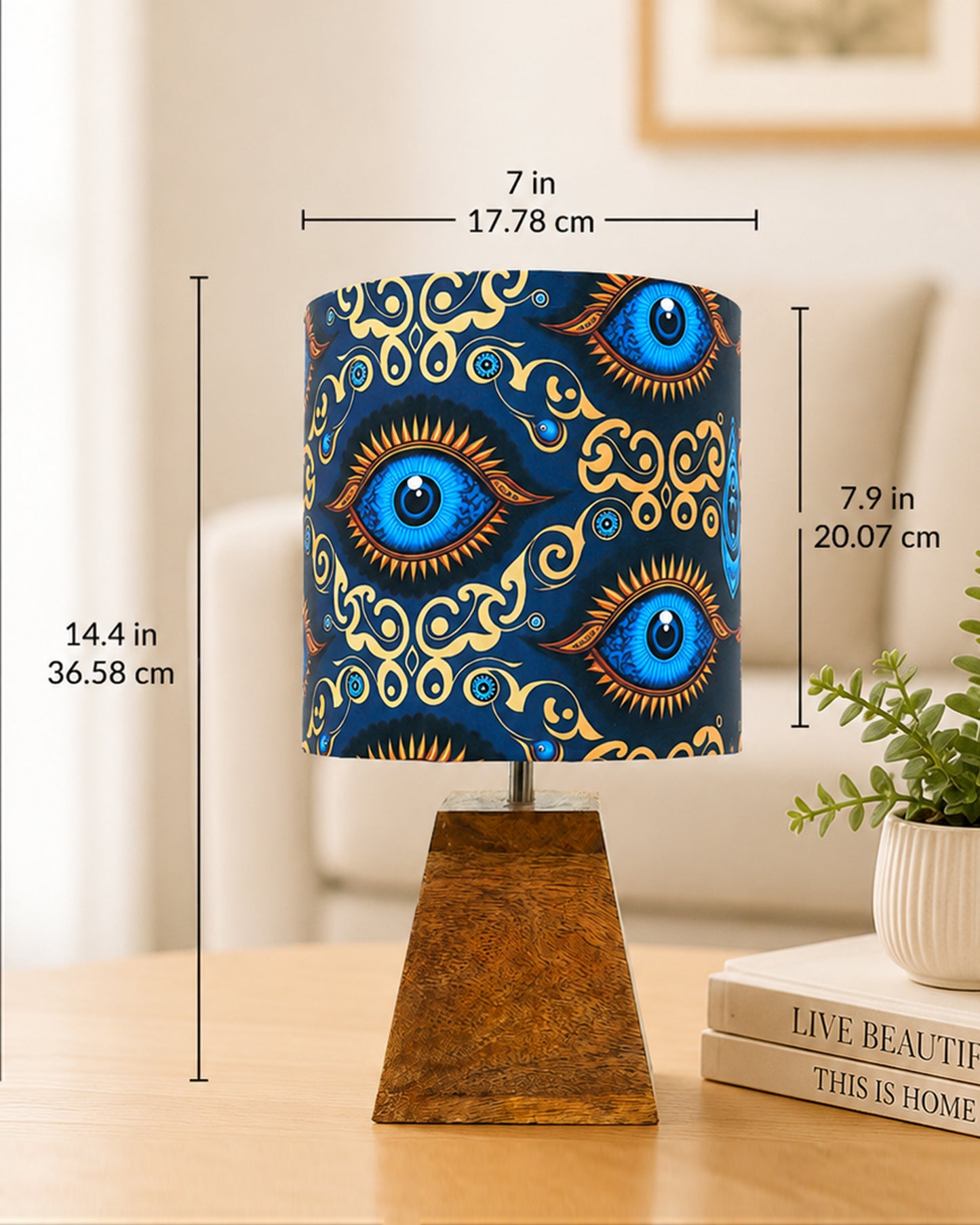 Wood Table Lamp, Modern Base Fabric Lampshade for Home Office Cafe Restaurant, Pyramid