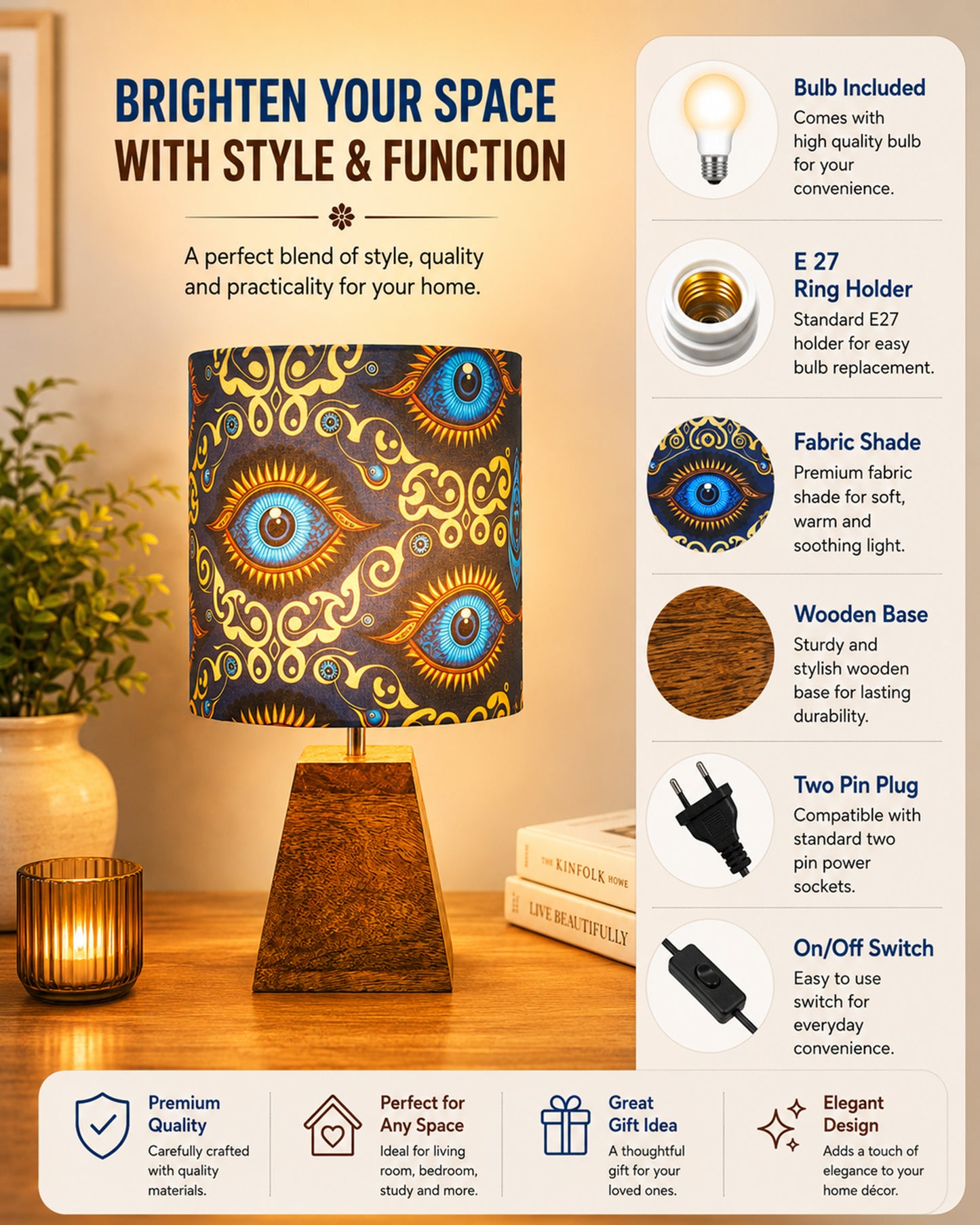 Wood Table Lamp, Modern Base Fabric Lampshade for Home Office Cafe Restaurant, Pyramid