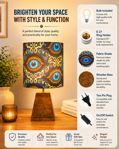 Wood Table Lamp, Modern Base Fabric Lampshade for Home Office Cafe Restaurant, Pyramid