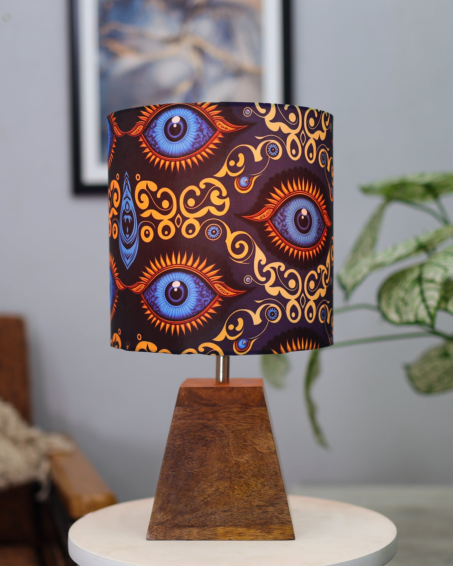 Wood Table Lamp, Modern Base Fabric Lampshade for Home Office Cafe Restaurant, Pyramid