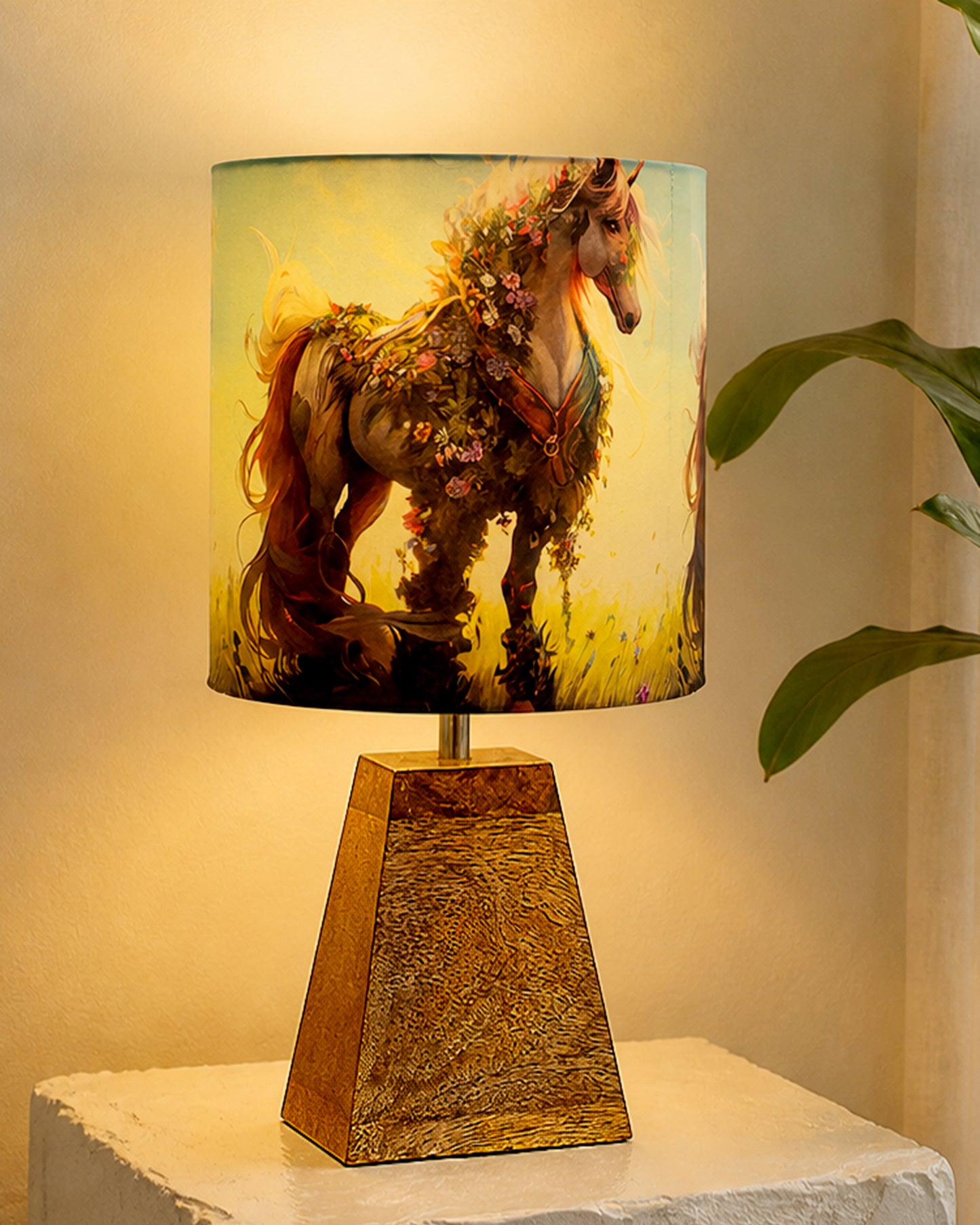 Wood Table Lamp, Modern Base Fabric Lampshade for Home Office Cafe Restaurant, Pyramid
