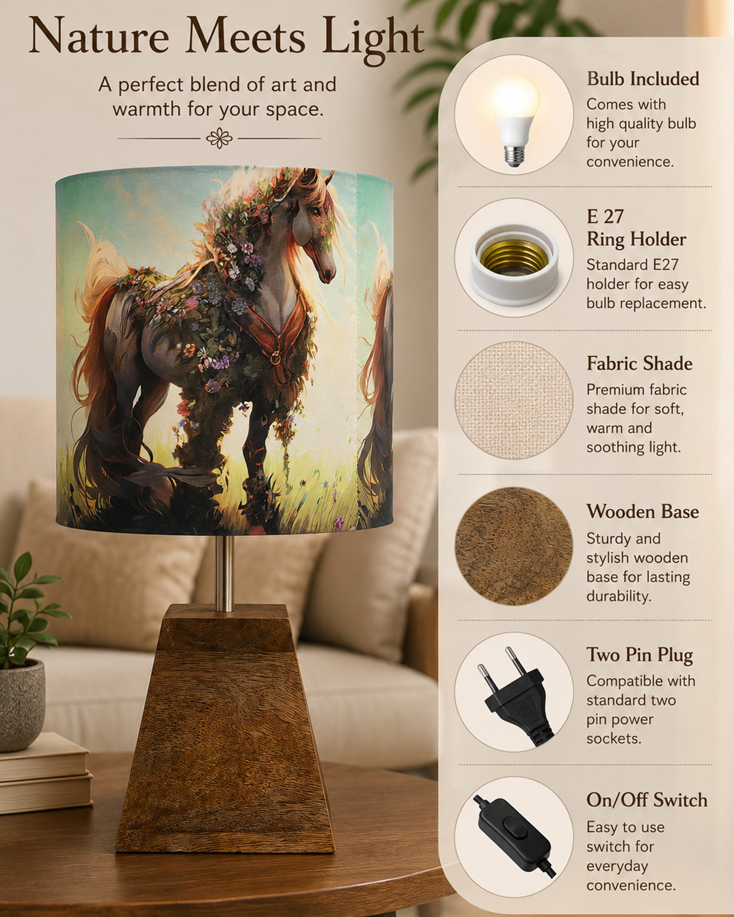 Wood Table Lamp, Modern Base Fabric Lampshade for Home Office Cafe Restaurant, Pyramid