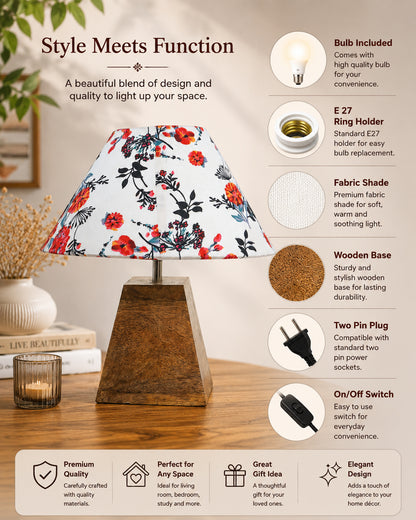 Pyramid Modern Table Lamp, Wooden Base Modern Fabric Lampshade for Home Office Cafe Restaurant, Cone