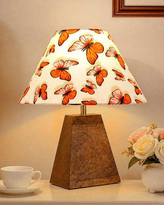 Pyramid Modern Table Lamp, Wooden Base Modern Fabric Lampshade for Home Office Cafe Restaurant, Cone