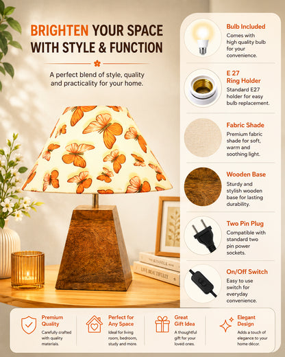 Pyramid Modern Table Lamp, Wooden Base Modern Fabric Lampshade for Home Office Cafe Restaurant, Cone