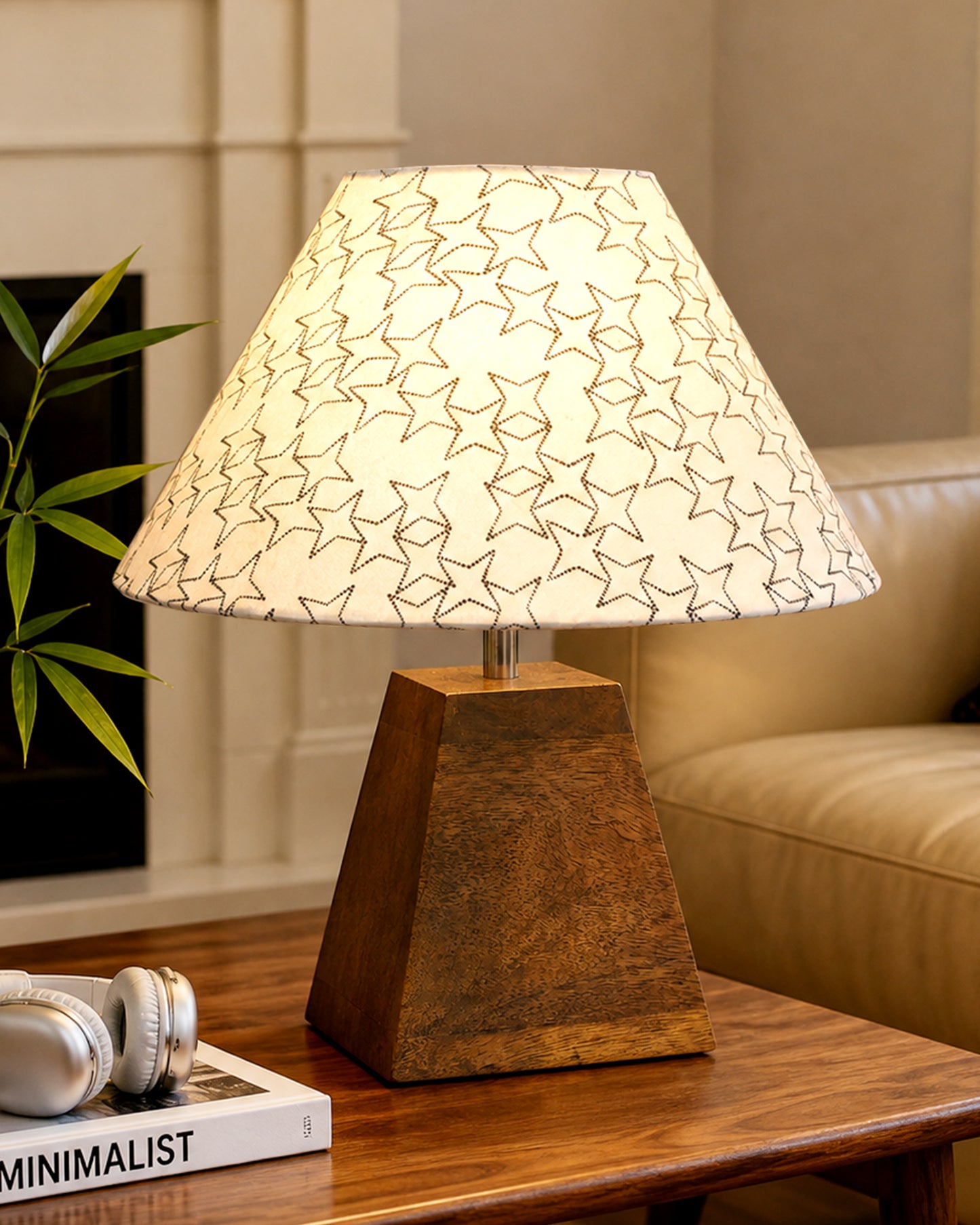 Pyramid Modern Table Lamp, Wooden Base Modern Fabric Lampshade for Home Office Cafe Restaurant, Cone