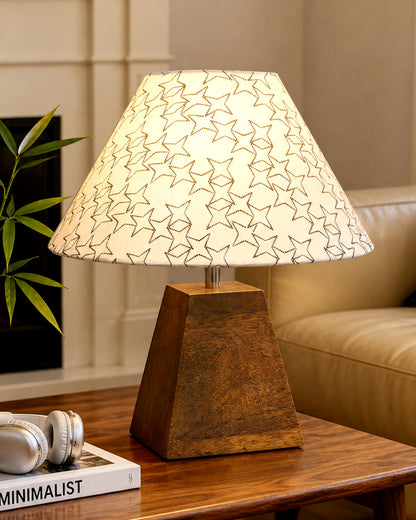 Pyramid Modern Table Lamp, Wooden Base Modern Fabric Lampshade for Home Office Cafe Restaurant, Cone