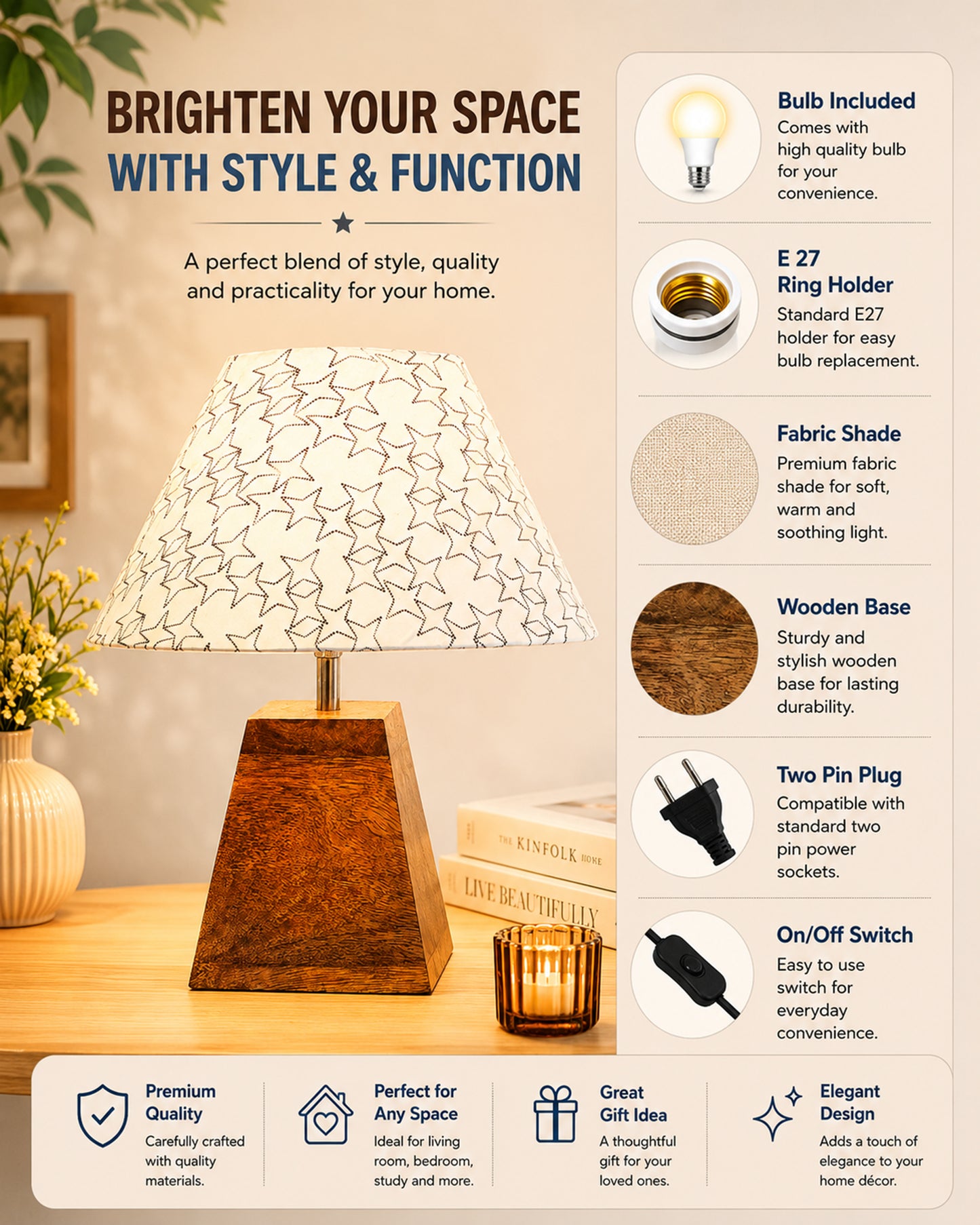 Pyramid Modern Table Lamp, Wooden Base Modern Fabric Lampshade for Home Office Cafe Restaurant, Cone