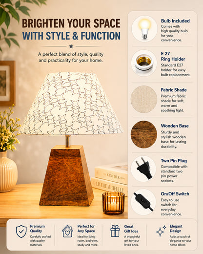 Pyramid Modern Table Lamp, Wooden Base Modern Fabric Lampshade for Home Office Cafe Restaurant, Cone