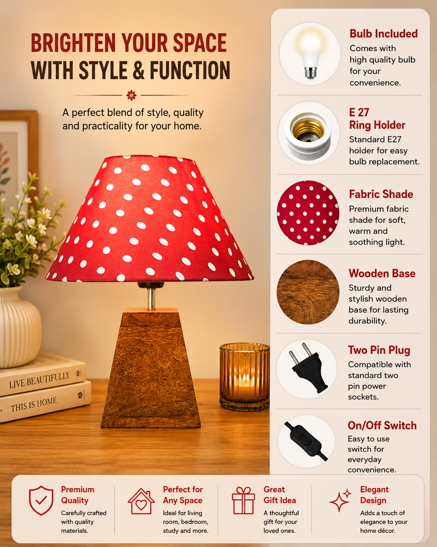 Pyramid Modern Table Lamp, Wooden Base Modern Fabric Lampshade for Home Office Cafe Restaurant, Cone