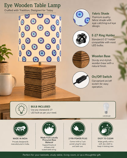 Wood Table Lamp, Modern Base Fabric Lampshade for Home Office Cafe Restaurant, Rib Cube