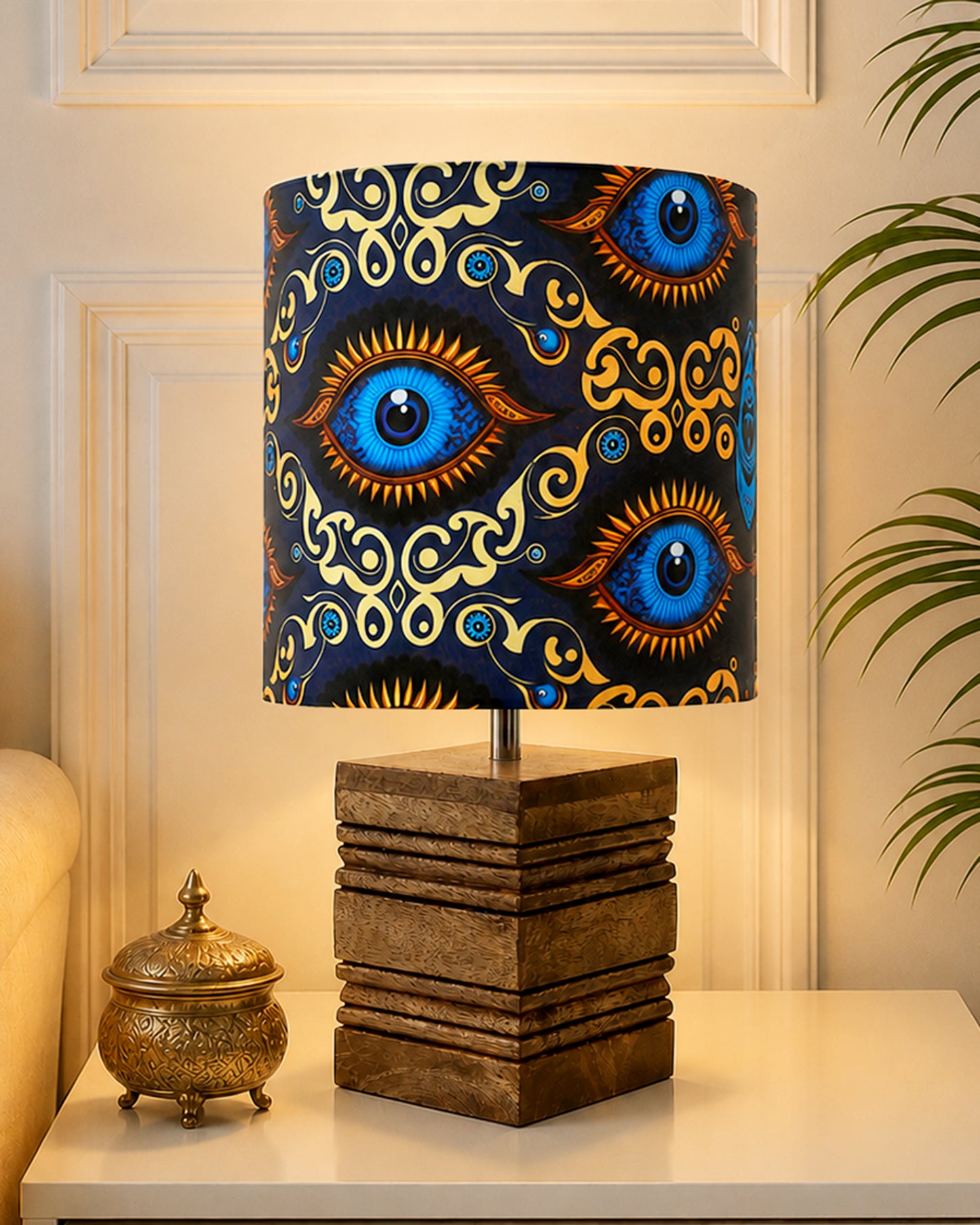 Wood Table Lamp, Modern Base Fabric Lampshade for Home Office Cafe Restaurant, Rib Cube