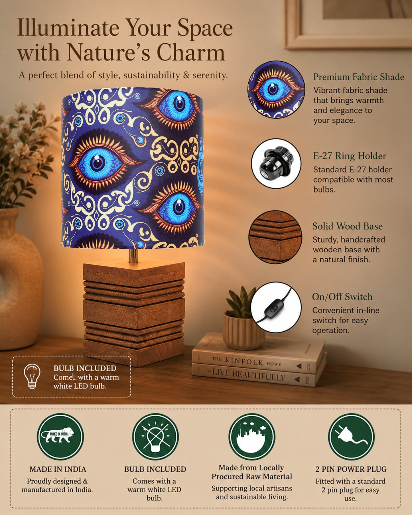 Wood Table Lamp, Modern Base Fabric Lampshade for Home Office Cafe Restaurant, Rib Cube