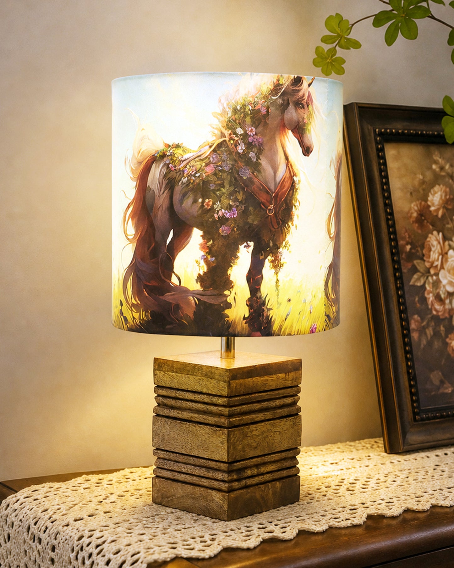 Wood Table Lamp, Modern Base Fabric Lampshade for Home Office Cafe Restaurant, Rib Cube
