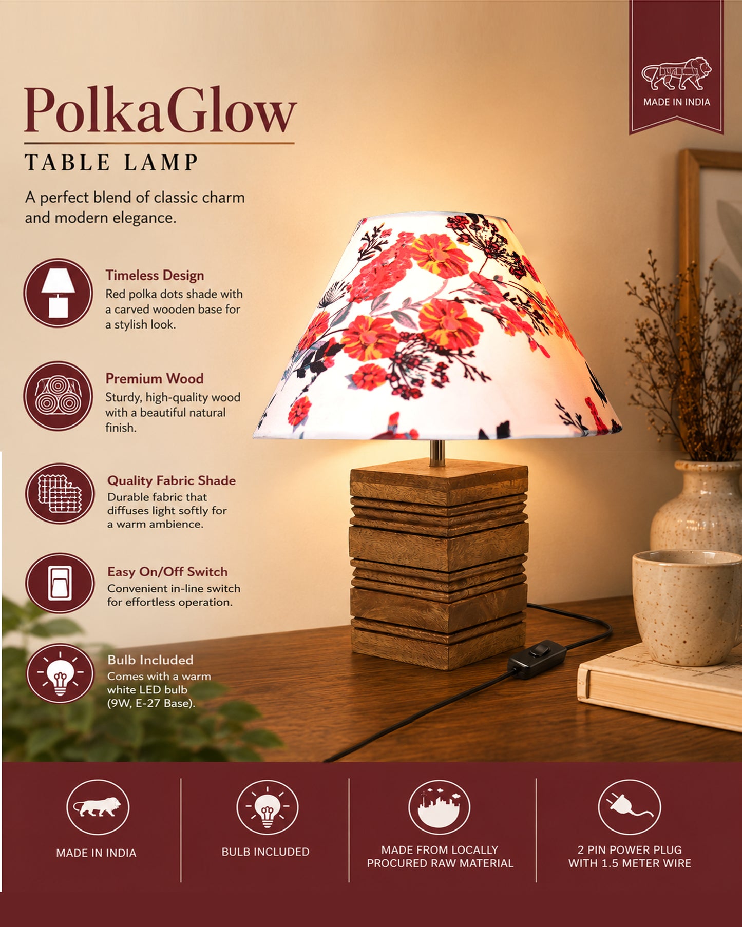 Ribbed Cube Table Lamp, Wooden Base Modern Fabric Lampshade for Home Office Cafe Restaurant, Cone