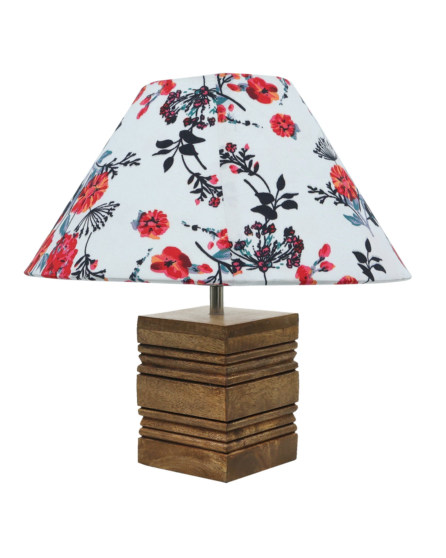 Ribbed Cube Table Lamp, Wooden Base Modern Fabric Lampshade for Home Office Cafe Restaurant, Cone