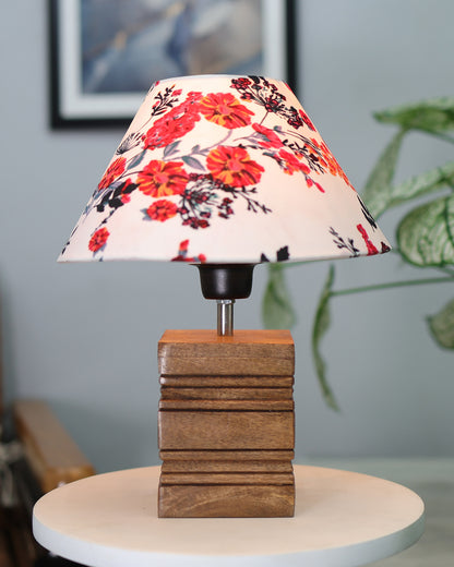 Ribbed Cube Table Lamp, Wooden Base Modern Fabric Lampshade for Home Office Cafe Restaurant, Cone