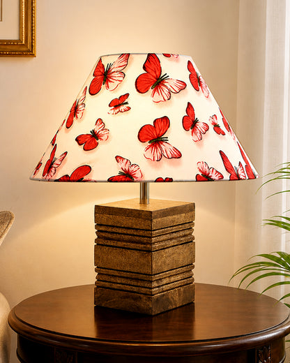 Ribbed Cube Table Lamp, Wooden Base Modern Fabric Lampshade for Home Office Cafe Restaurant, Cone