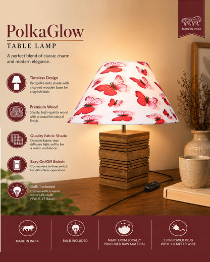 Ribbed Cube Table Lamp, Wooden Base Modern Fabric Lampshade for Home Office Cafe Restaurant, Cone