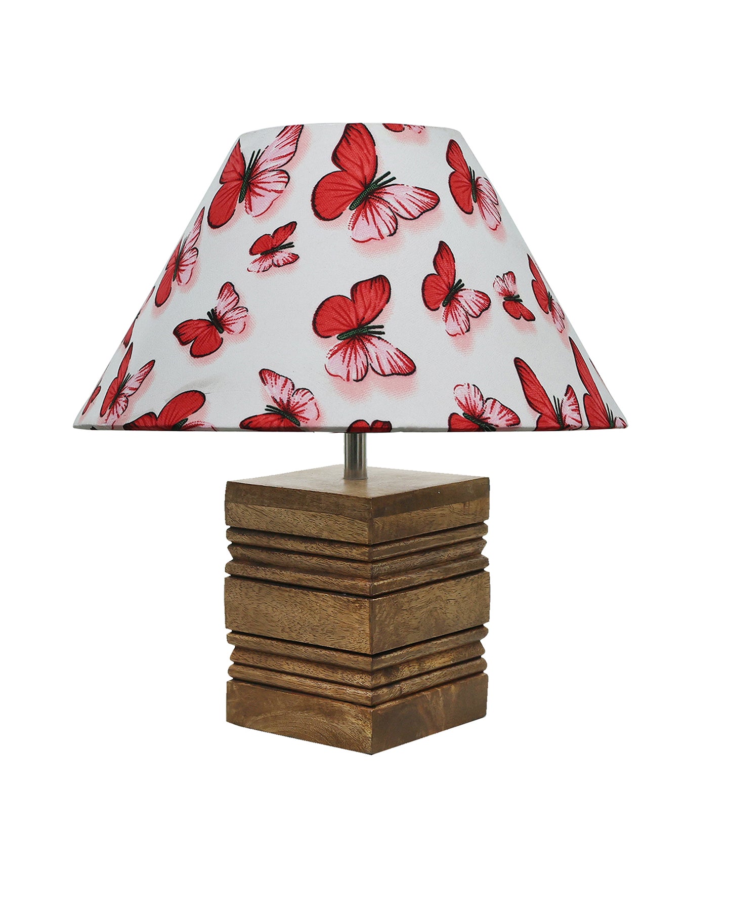 Ribbed Cube Table Lamp, Wooden Base Modern Fabric Lampshade for Home Office Cafe Restaurant, Cone